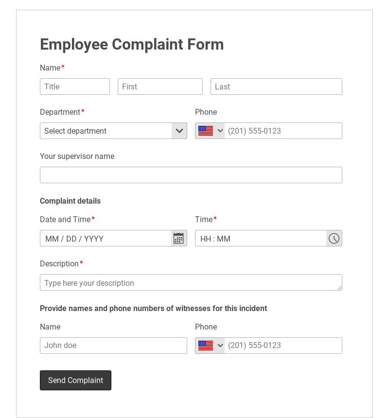 Employee Complaint  Form Sample