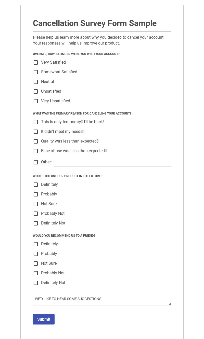 Free Cancellation Survey Form Template