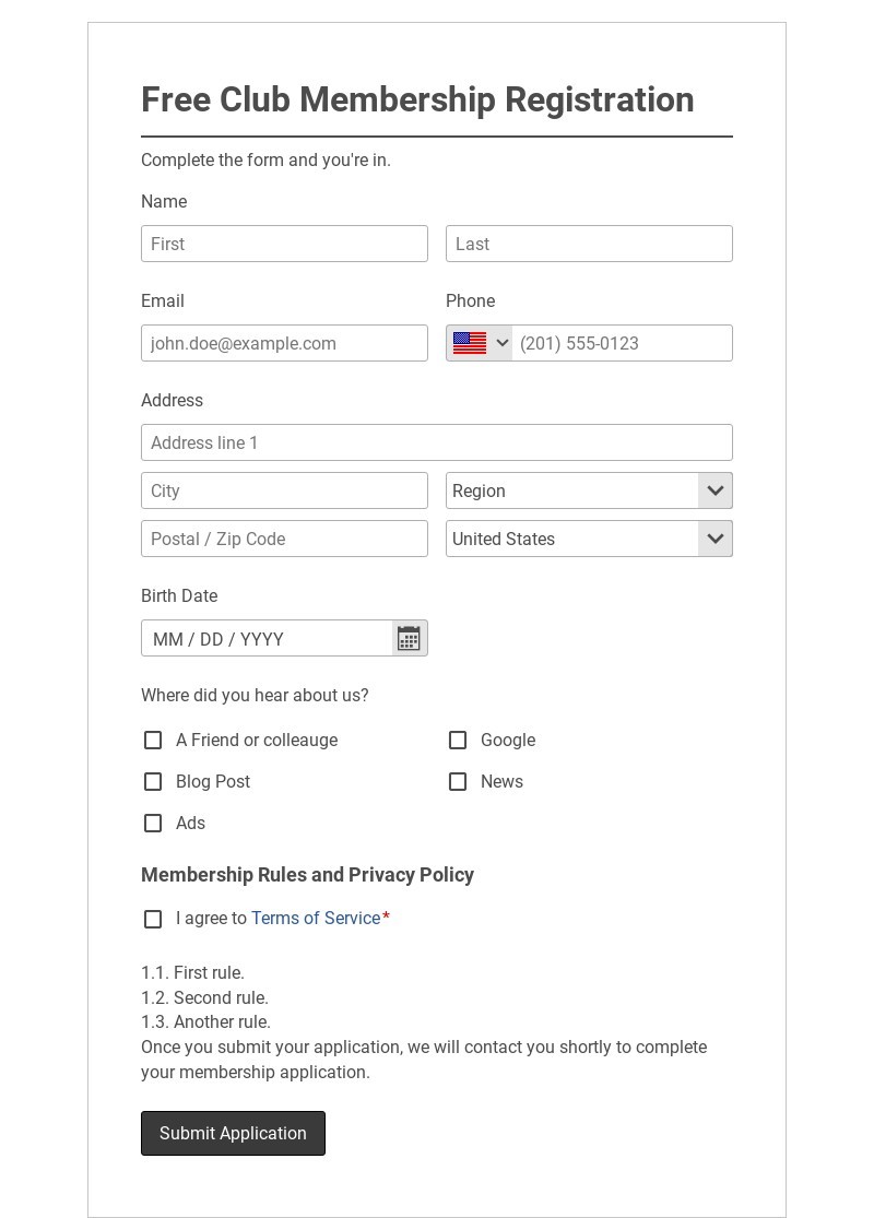 Club Membership Registration Form Template