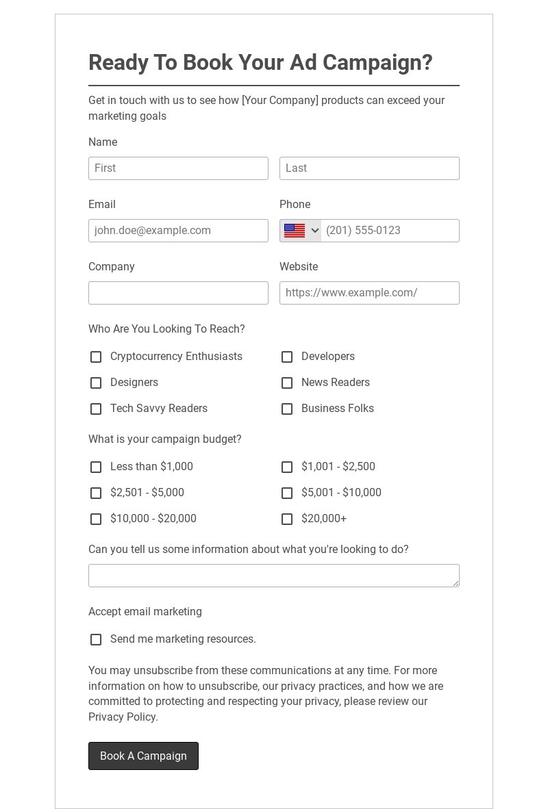 Free Book Your Ad Campaign Form Template