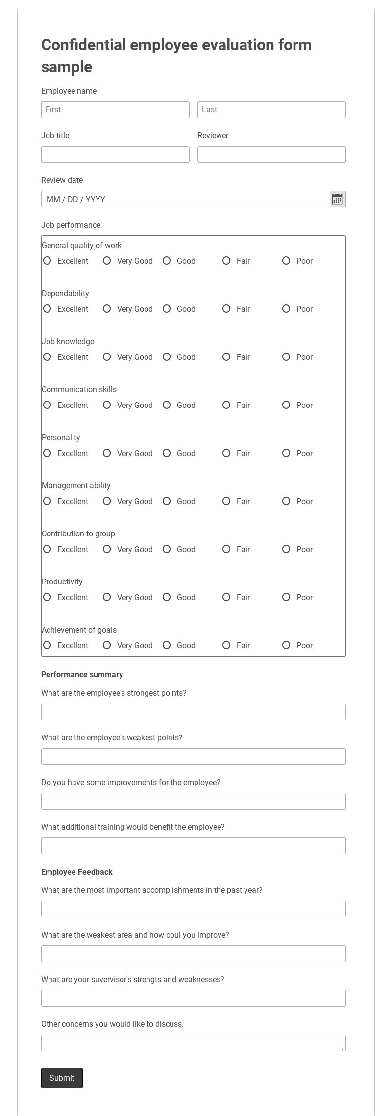 Free Employee Evaluation Form Template