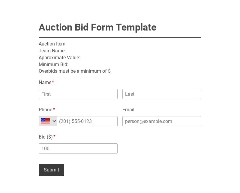 Silent Auction Bid Form Template