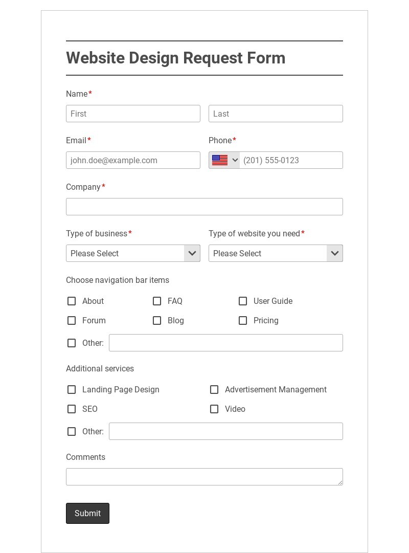 Website Design Request Form Sample