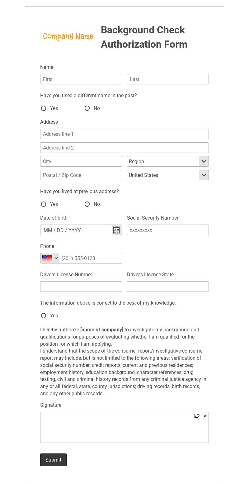 Background Check Authorization Form