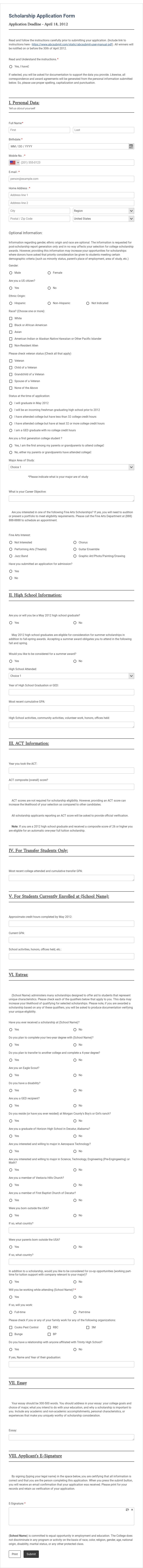 Free Sample Scholarship Application Form