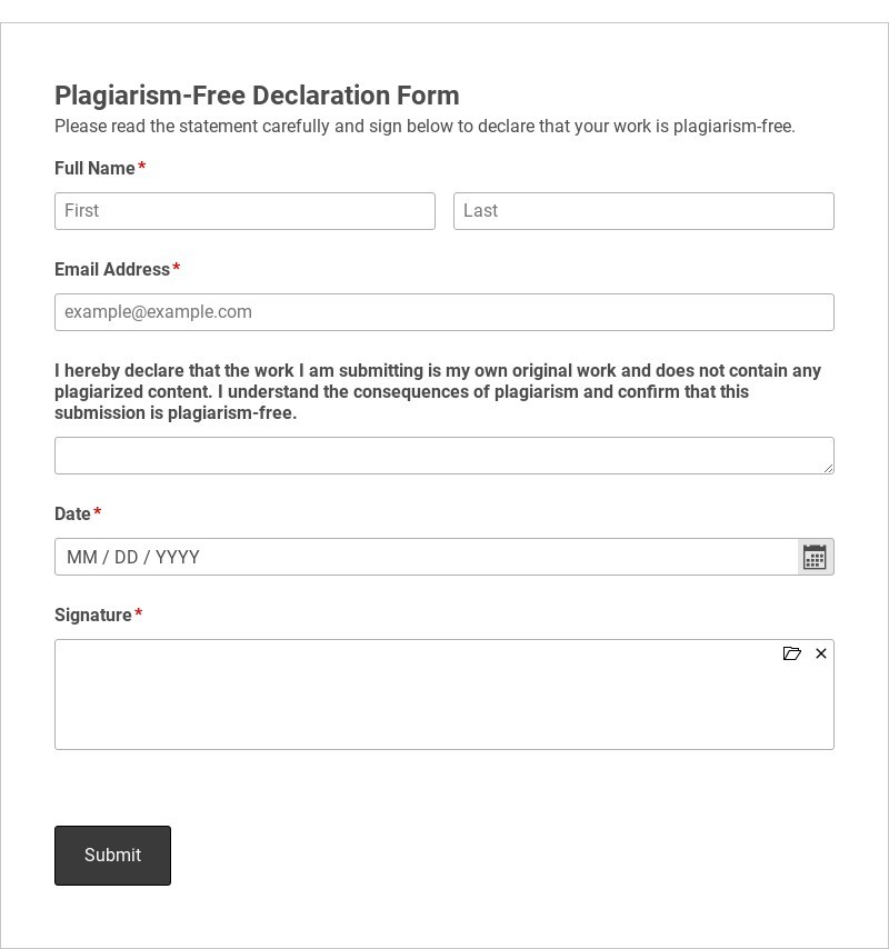 Plagiarism-Free Declaration Form Template form template