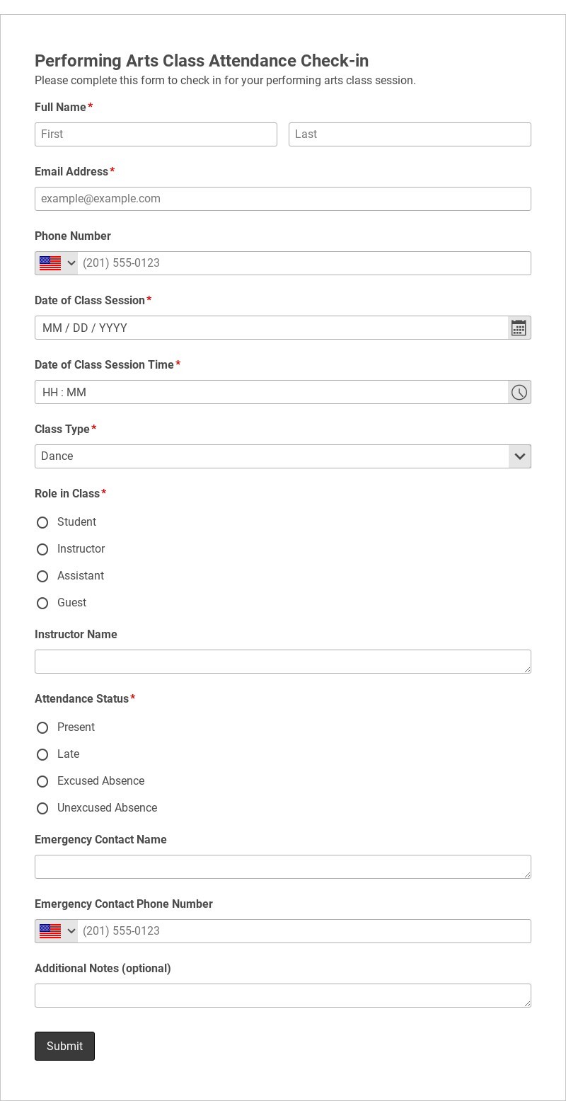 Performing Arts Class Attendance Check-in Template form template