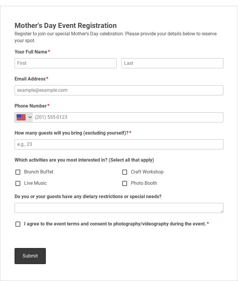 Mother's Day Event Registration Template form template