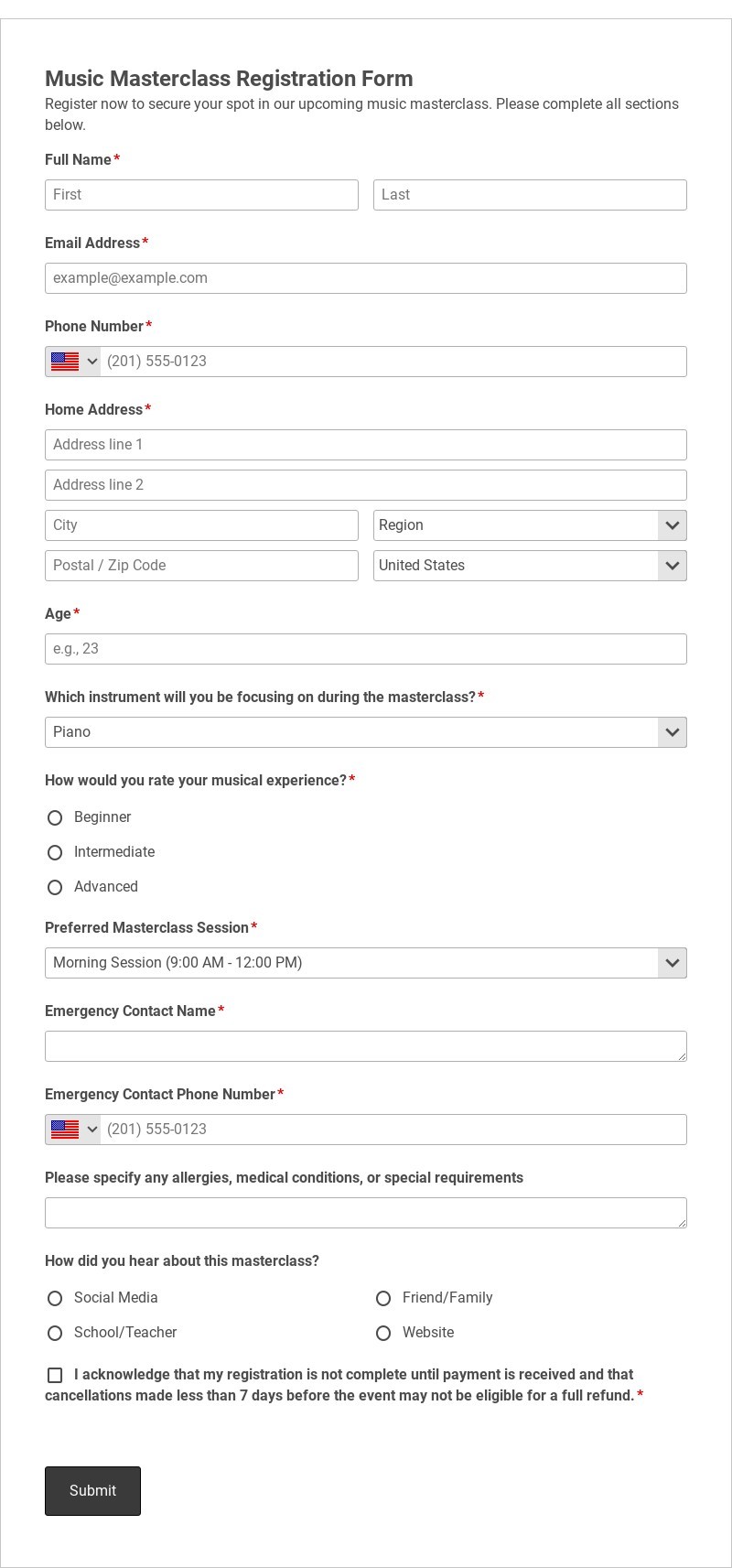 Music Masterclass Registration Form Template form template