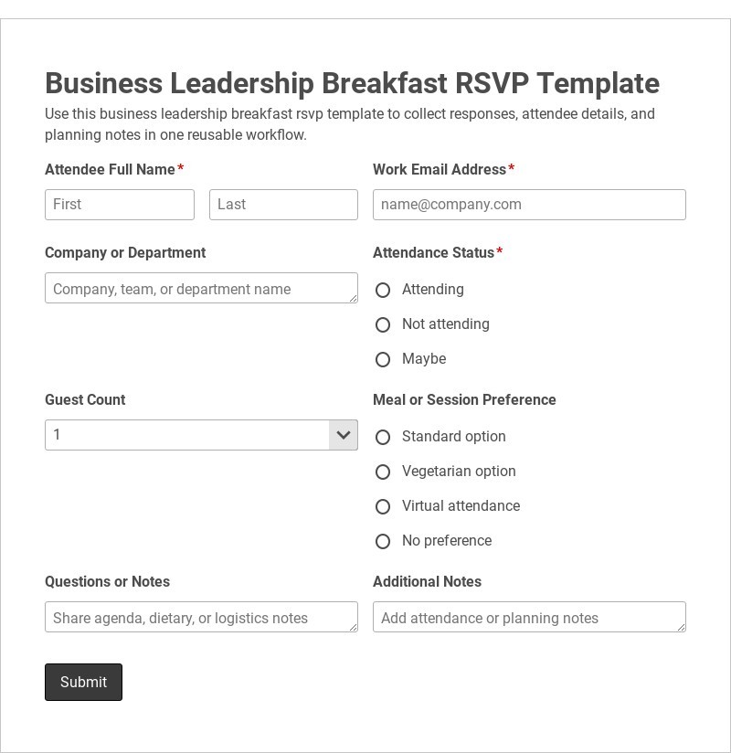 Business Leadership Breakfast RSVP Template form template