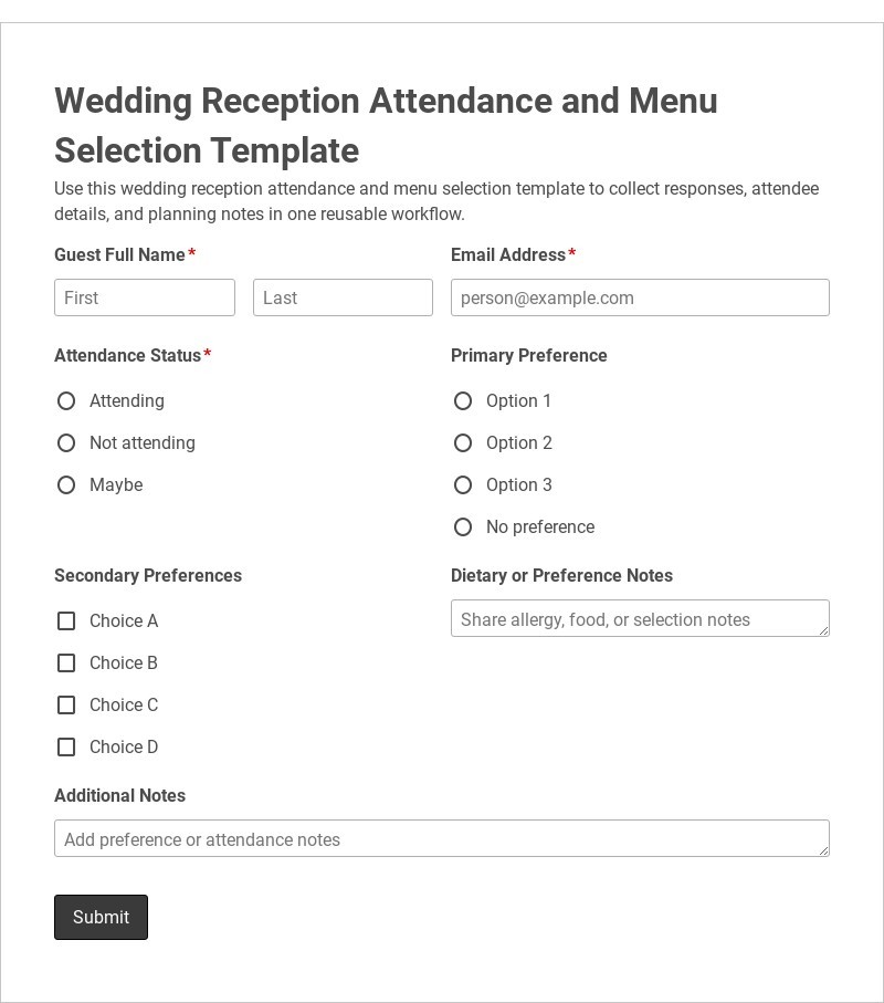 Wedding Reception Attendance and Menu Selection Template form template