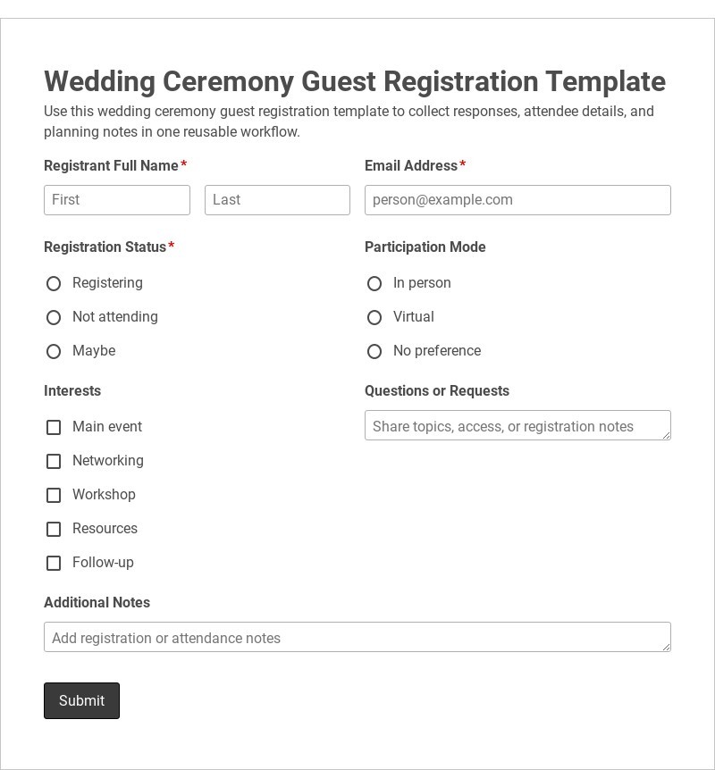 Wedding Ceremony Guest Registration Template form template