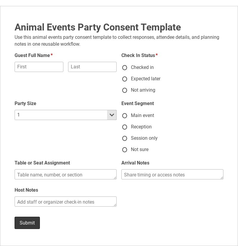 Animal Events Party Consent Template form template