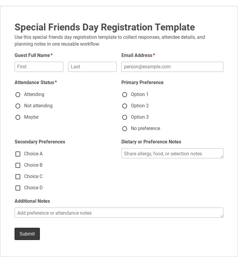 Special Friends Day Registration Template form template
