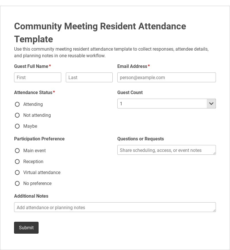 Community Meeting Resident Attendance Template form template
