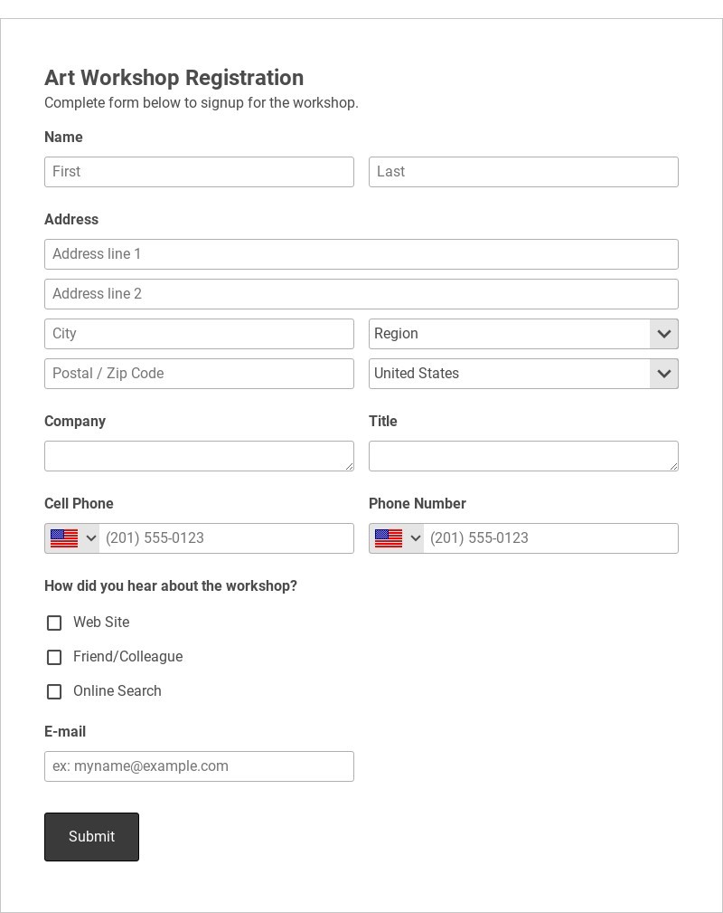 Art Workshop Registration Form - WorldPay UK Payment Form Template form template