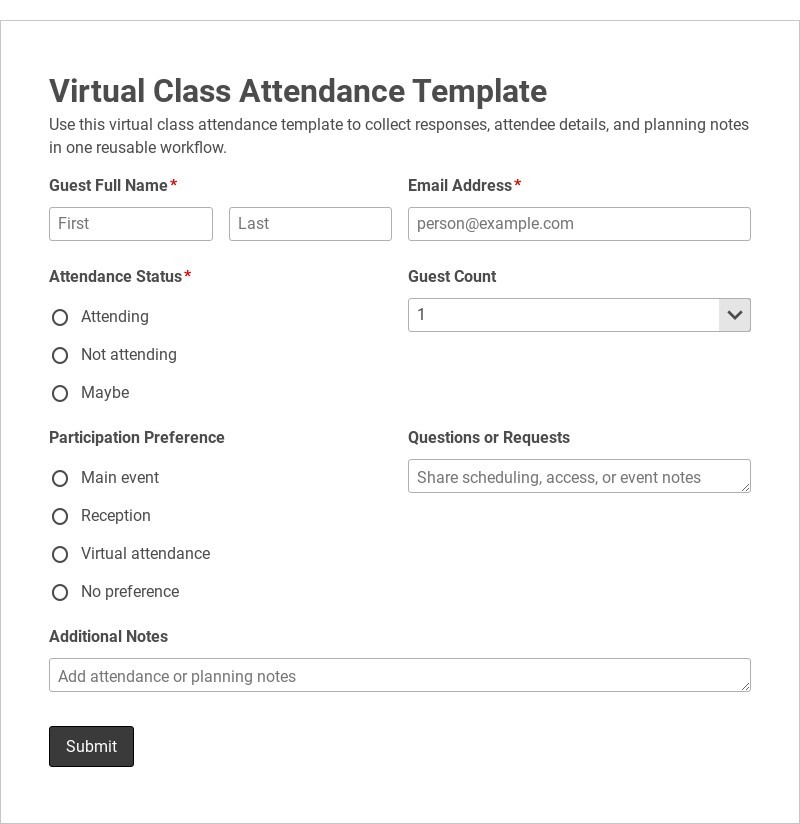 Virtual Class Attendance Template form template