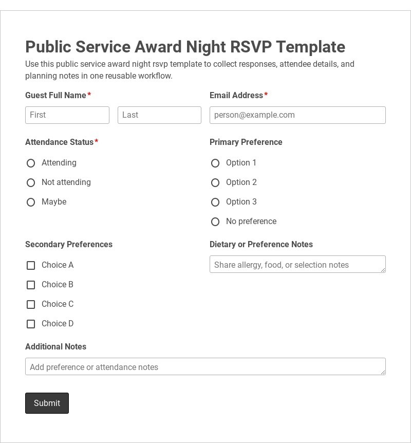 Public Service Award Night RSVP Template form template