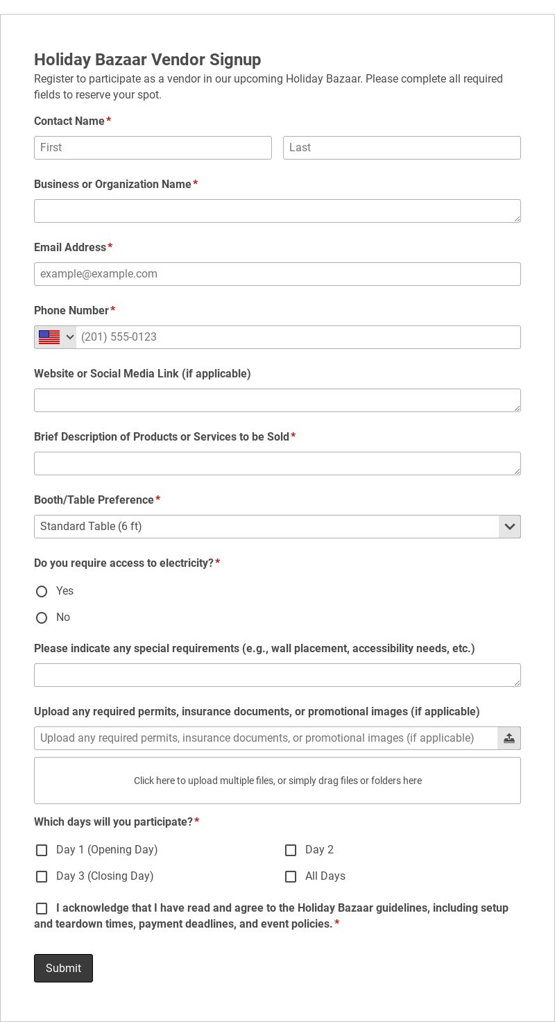 Holiday Bazaar Vendor Signup Form Template form template