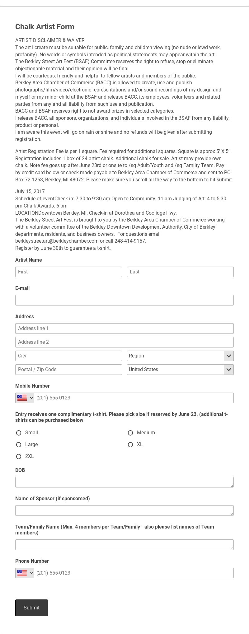 Chalk Artist Form Template form template