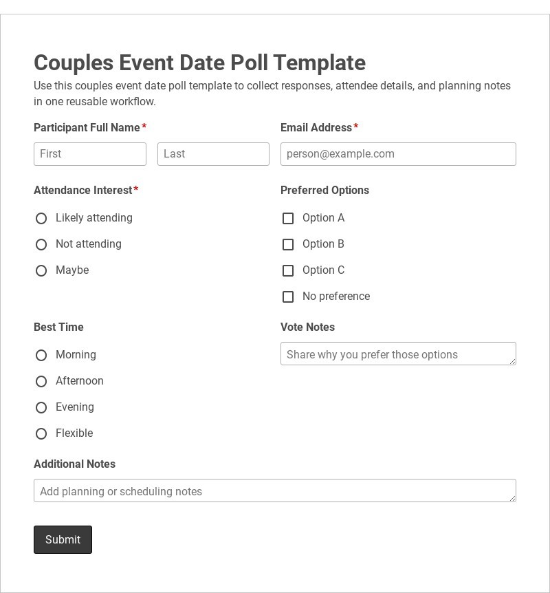 Couples Event Date Poll Template form template