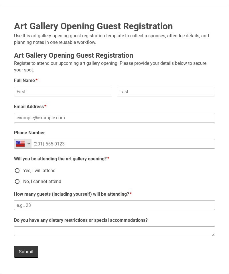 Art Gallery Opening Guest Registration
