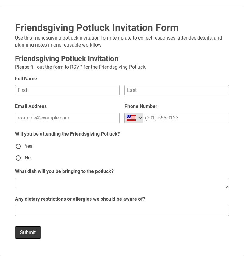 Friendsgiving Potluck Invitation Form