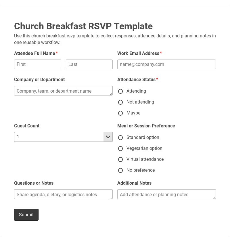 Church Breakfast RSVP Template form template