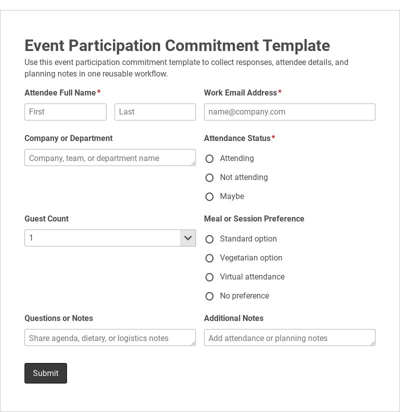 Event Participation Commitment Template form template