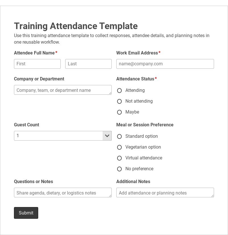 Training Attendance Template form template