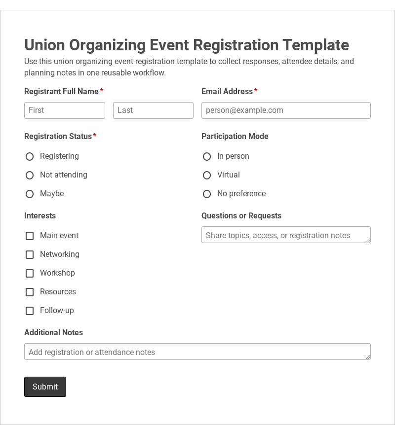 Union Organizing Event Registration Template form template