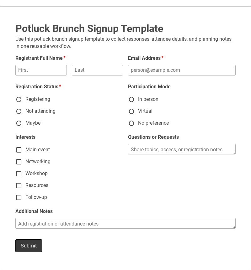 Potluck Brunch Signup Template form template