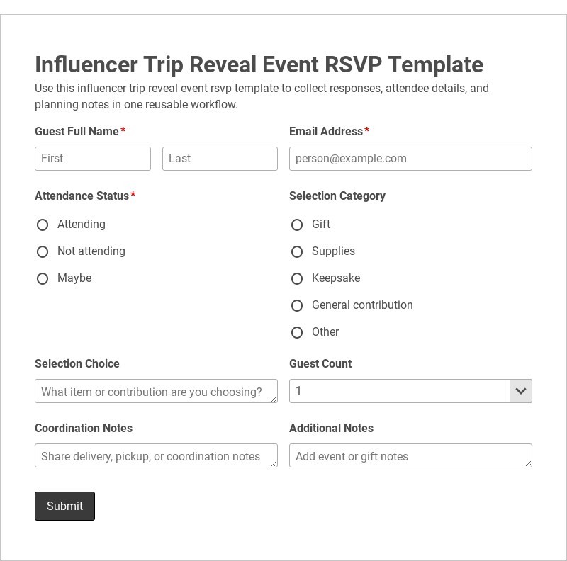 Influencer Trip Reveal Event RSVP Template form template