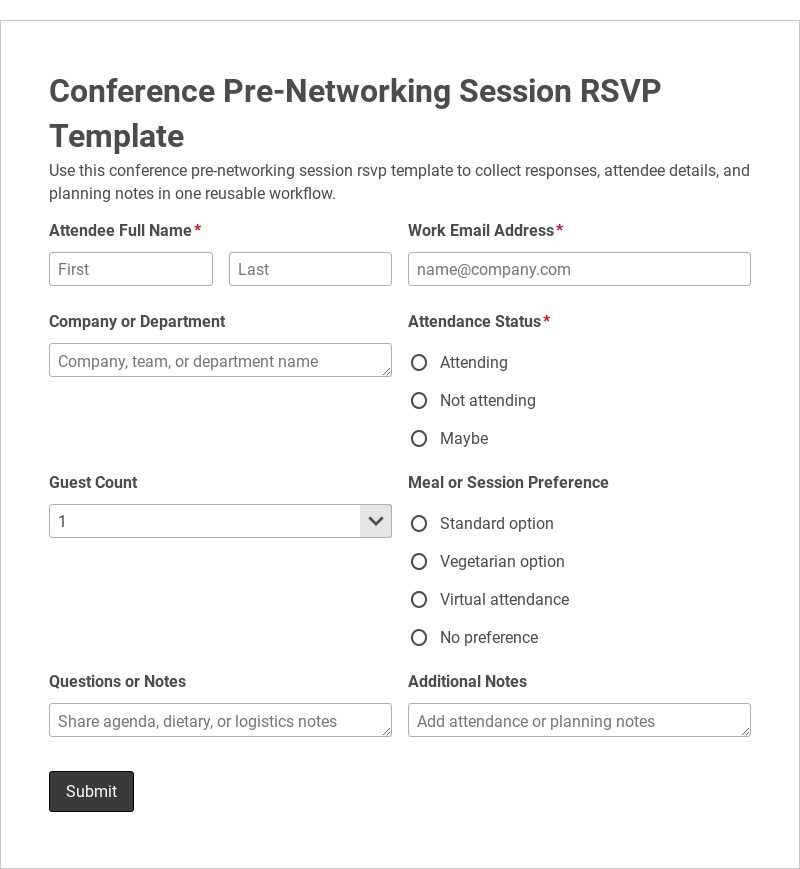 Conference Pre-Networking Session RSVP Template form template