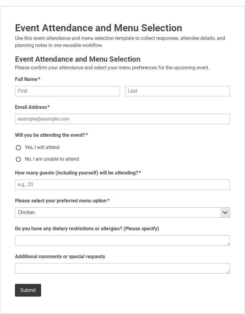Event Attendance and Menu Selection