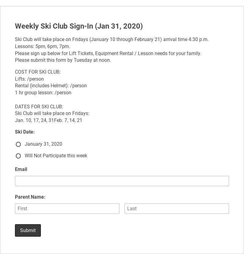 Weekly Ski Club Sign-In (Jan 31, 2020) Template form template