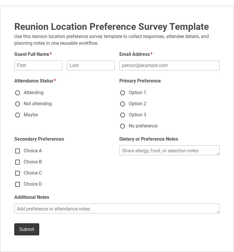 Reunion Location Preference Survey Template form template