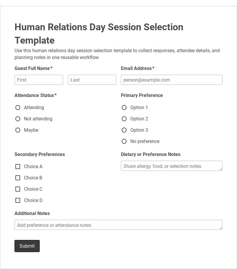 Human Relations Day Session Selection Template form template