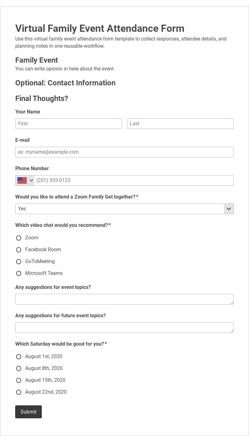 Virtual Family Event Attendance Form