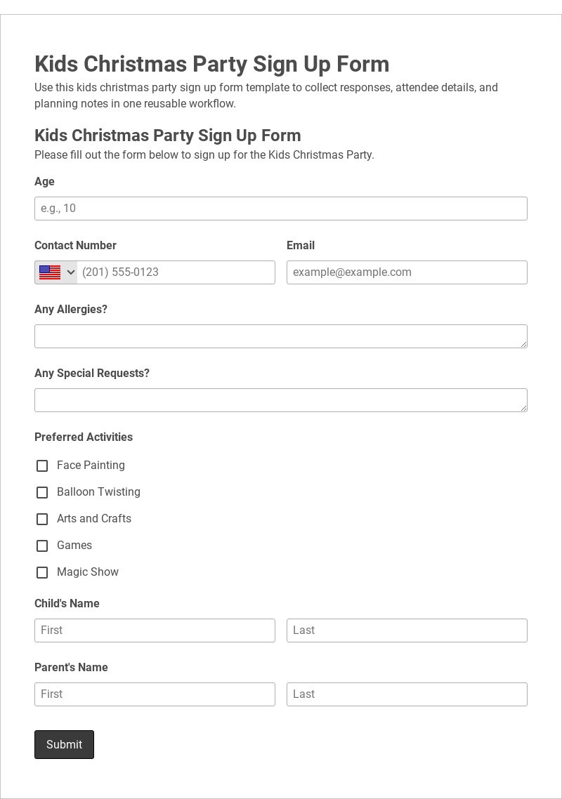 Kids Christmas Party Sign Up Form
