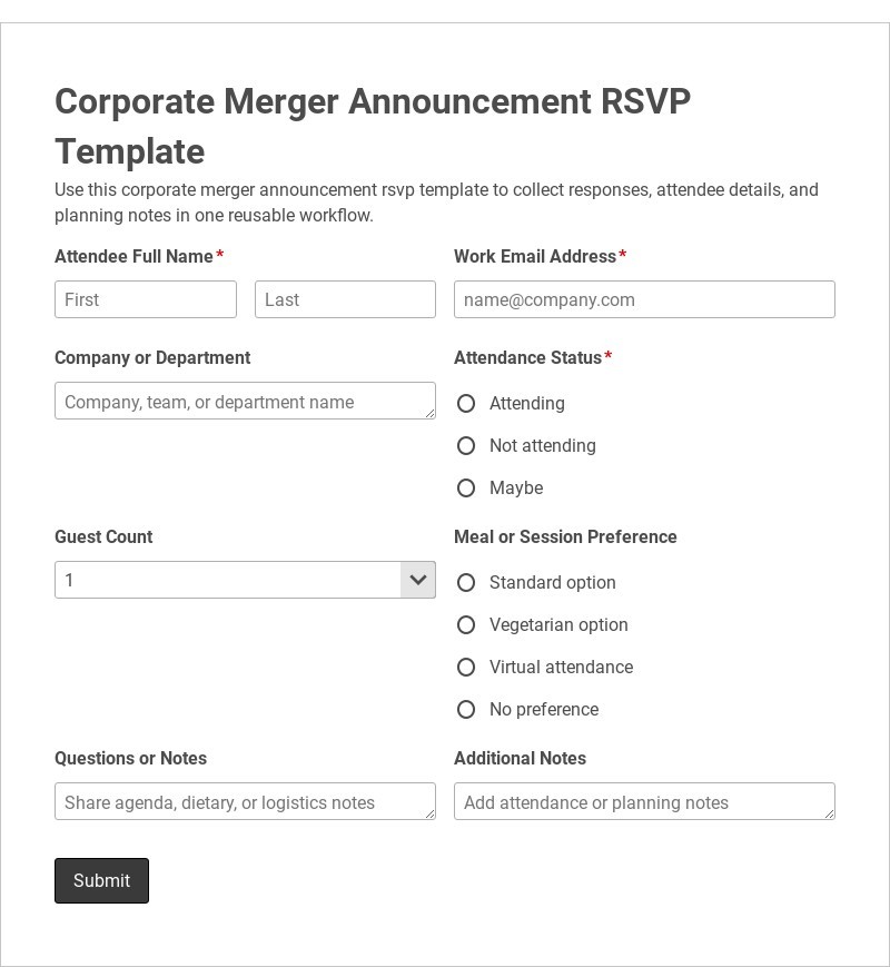 Corporate Merger Announcement RSVP Template form template