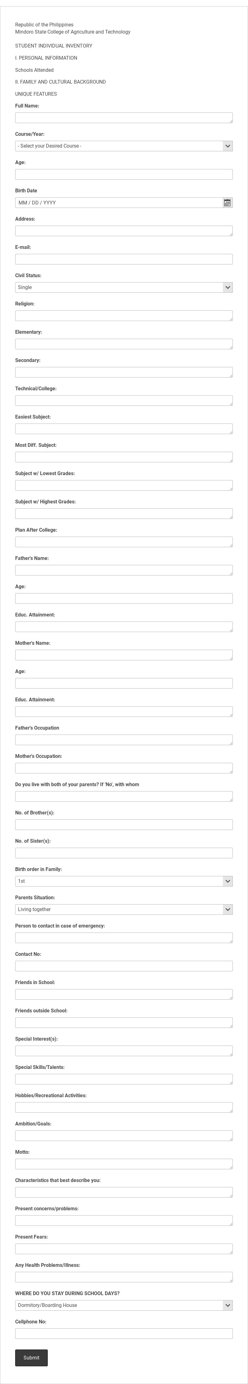 Student Individual Inventory Template form template