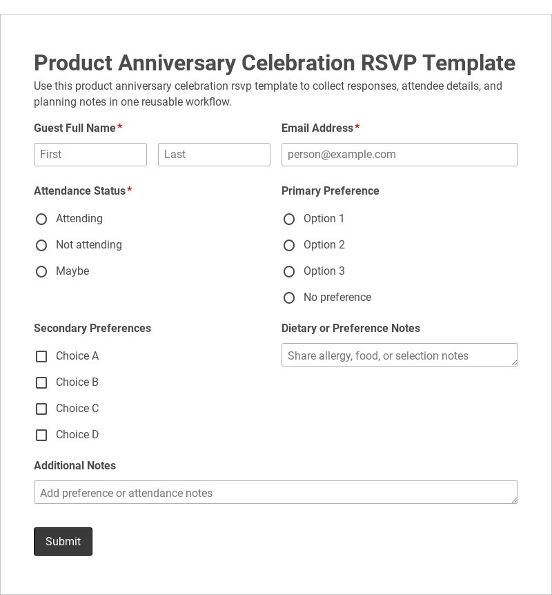 Product Anniversary Celebration RSVP Template form template