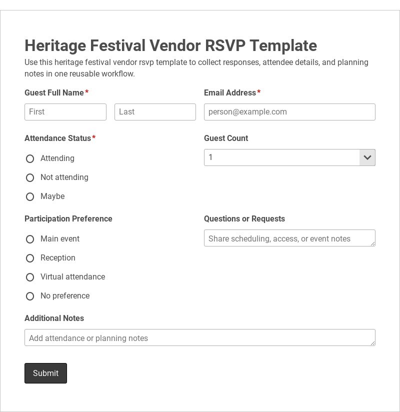 Heritage Festival Vendor RSVP Template form template