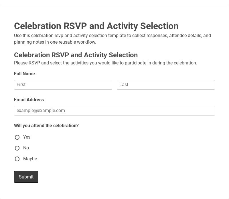 Celebration RSVP and Activity Selection