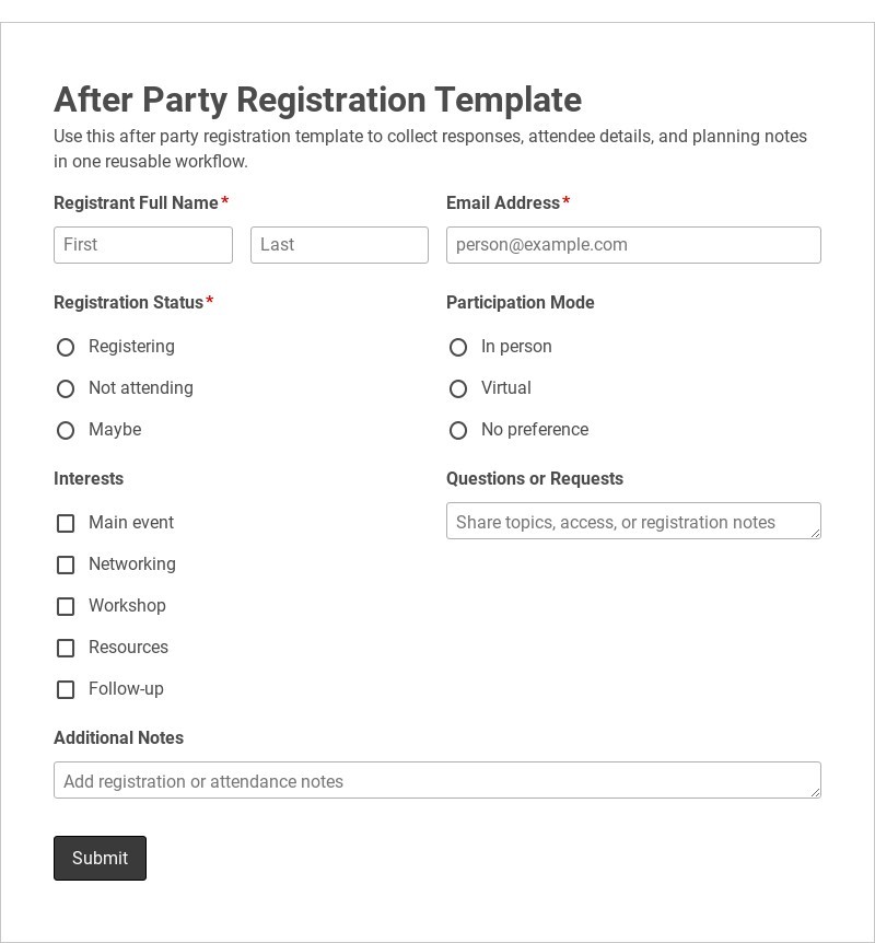 After Party Registration Template form template
