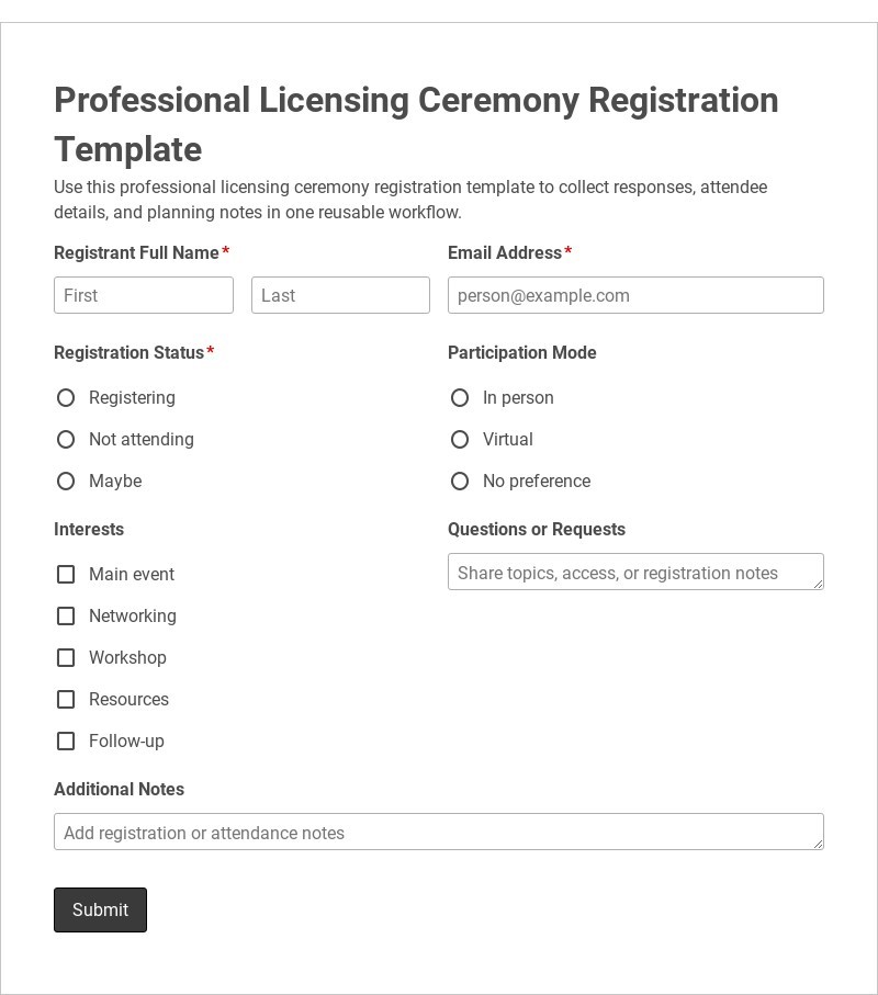 Professional Licensing Ceremony Registration Template form template
