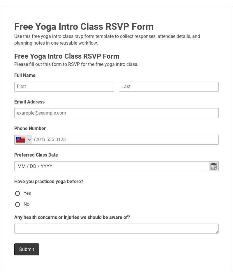 Free Yoga Intro Class RSVP Form