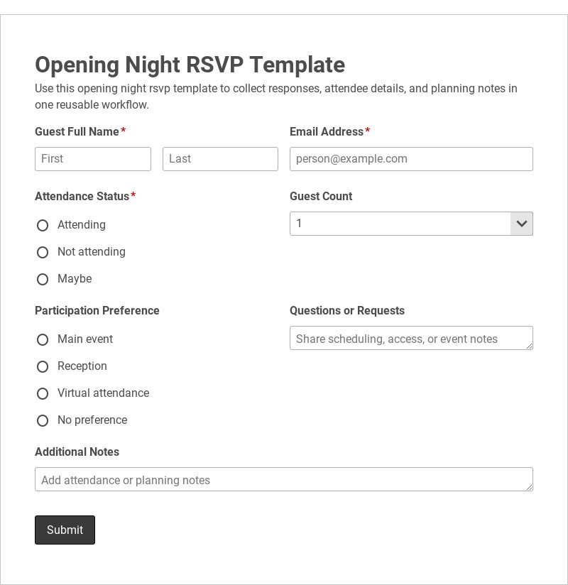 Opening Night RSVP Template form template