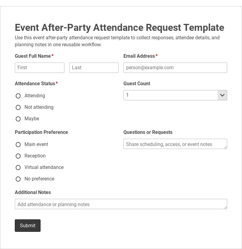 Event After-Party Attendance Request Template form template